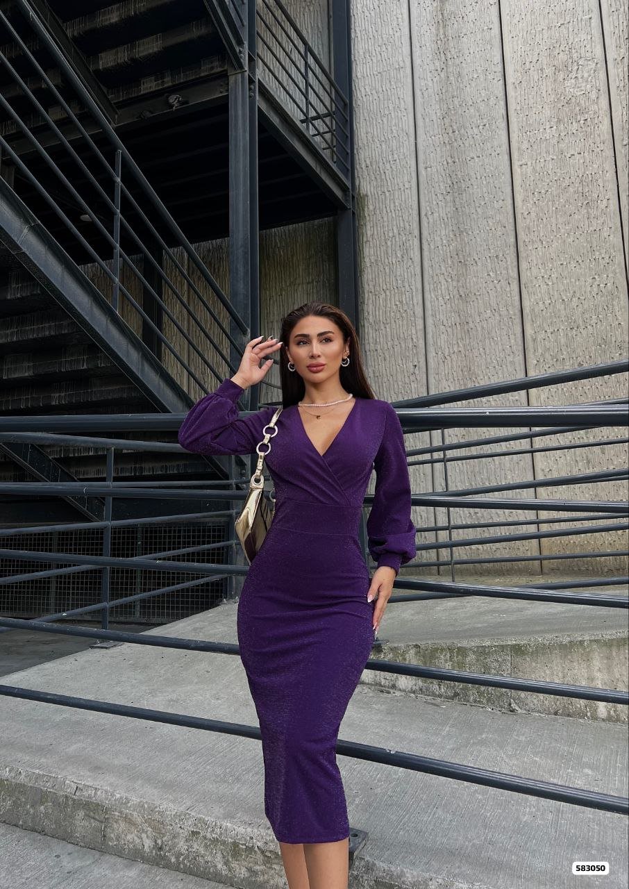 Kadın Kruvaze Yaka Balon Kol Simli Krep Kumaş Midi Boy Elbise Kadın Kruvaze Yaka Balon Kol Simli Krep Kumaş Midi Boy Elbise