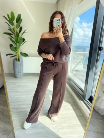Kadın Uzun Kollu Tek Omuzdan Açık Modal Bluz Ve Pantolon Ikili Takım
