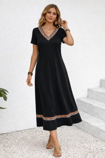 Kadın Kısa Kollu V Yakalı Etnik şerit Detaylı Uzun Viskon