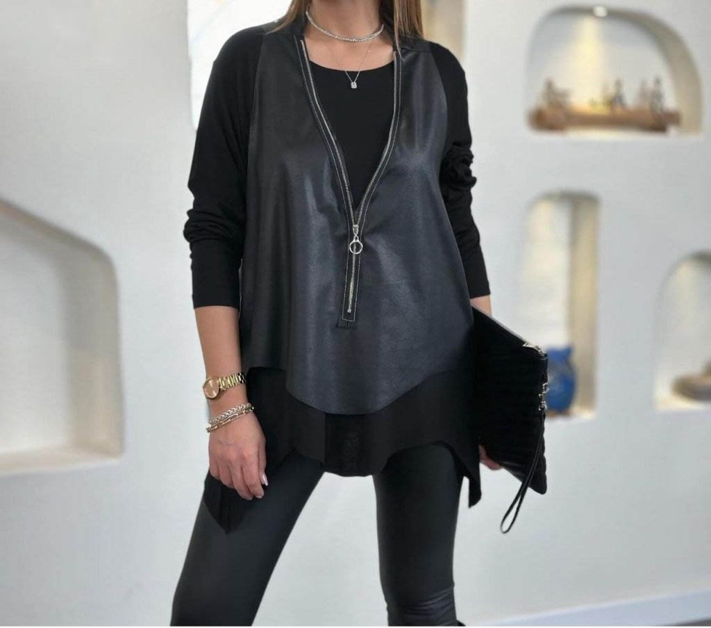 Kadın Uzun Kollu Asimetrik Kesim Viskon Bluz Ve çatlak Deri Görünümlü Yelek Ikili Takım Kadın Uzun Kollu Asimetrik Kesim Viskon Bluz Ve çatlak Deri Görünümlü Yelek Ikili Takım