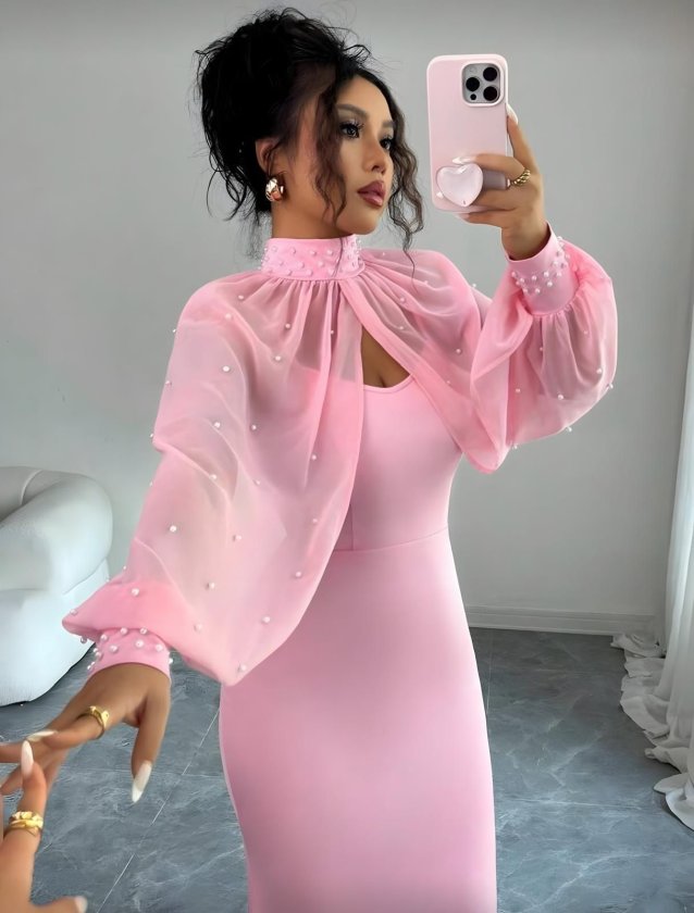 Kadın Balıkçı Yaka İnci Ve Tül Detay Dalgıç Kumaş Maxi Boy Elbise Kadın Balıkçı Yaka İnci Ve Tül Detay Dalgıç Kumaş Maxi Boy Elbise