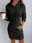 Kadın Uzun Kollu Kapşonlu Cepli Mini Peluş Elbise