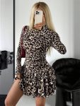 Kadın Uzun Kollu Balıkçı Yaka Fırfırlı Leopar Desenli Modal Elbise