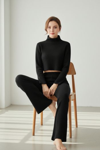 Kadın Siyah Fitilli Eşofman Takımı – Crop Uzun Kollu Üst & Paça Pantolon