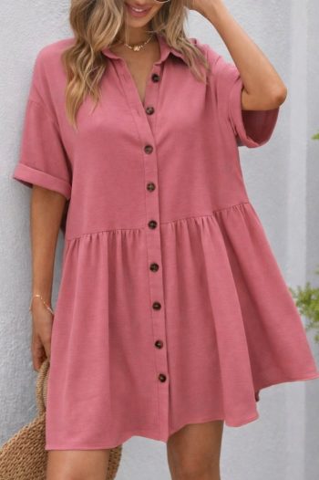 Kadın Kısa Kollu Yakalı önden Düğmeli Kısa Bürümcük Elbise