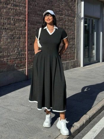 Kadın Kısa Kollu V Yakalı Pileli Uzun Janjan Krep Elbise