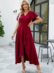 Kadın Kısa Kollu Kruvaze Yakalı ön Asimetrik Volanlı Uzun Ithal Krep Elbise