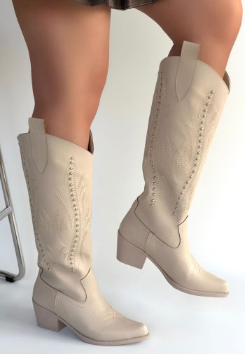 Meof Bej Cilt Topuklu Çizme