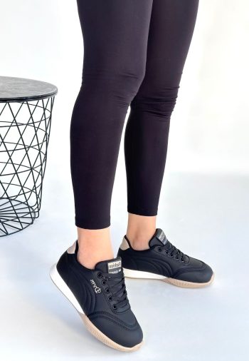 Tawen Siyah Cilt Bej Tabanlı Bağcıklı Spor Ayakkabı