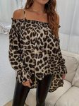 Kadın Ip Askılı Omuzlardan Açık Leopar Desenli Asimetrik Kesim Süprem Bluz