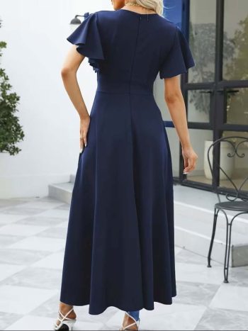 Kadın Kısa Kollu Kruvaze Yakalı ön Asimetrik Volanlı Uzun Ithal Krep Elbise