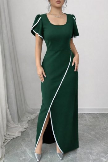 Kadın Kısa Kollu Kare Yakalı önden çapraz Kesim Detaylı Krep Elbise