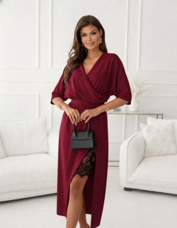 Kadın Uzun Kollu Kruvaze Yakalı Yandan Dantelli Midi Ithal Krep Elbise