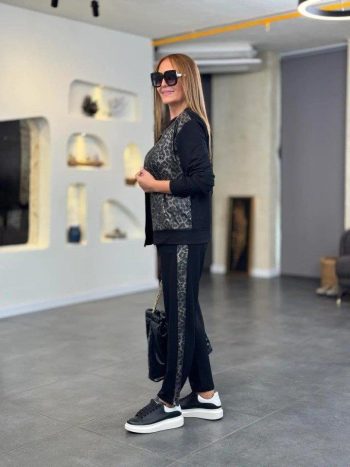 Kadın Uzun Kollu önden Fermuarlı Leopar Desenli Viskon Iki Iplik Bluz Ve Pantolon Ikili Takım