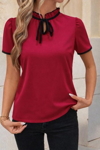 Kadın Kısa Kollu Yakası Fırfırlı Bağcıklı Janjan Krep Bluz