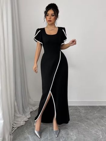 Kadın Kısa Kollu Kare Yakalı önden çapraz Kesim Detaylı Krep Elbise