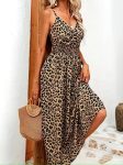 Kadın Ip Askılı Kruvazeli Yakalı Beli Lastikli Leopar Desenli Uzun Süprem Elbise