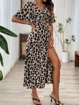 Kadın Kısa Kollu V Yakalı Beli Lastikli Yırtmaçlı Uzun Leopar Desenli Süprem Elbise
