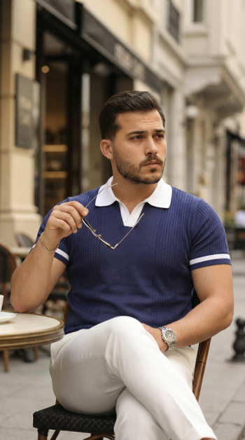 Erkek Renkli Yakalı File Desenli Kısa Kollu Tişört