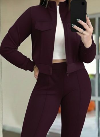 Kadın Uzun Kollu önden Fermuarlı Kısa Modal Mor Ceket Ve Pantolon Ikili Takım