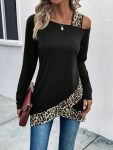Kadın Tek O Uzdan Açık Askılı Uzun Kollu Leopar Detaylı Viskon Bluz