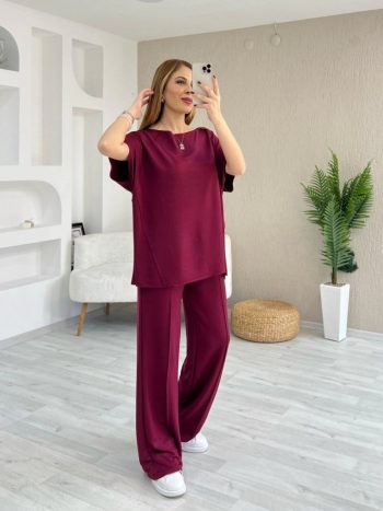 Kadın Kısa Kollu Kayık Yakalı Dikiş Izi Detaylı Viskon Iki Iplik Bluz Ve Pantolon Ikili Takım