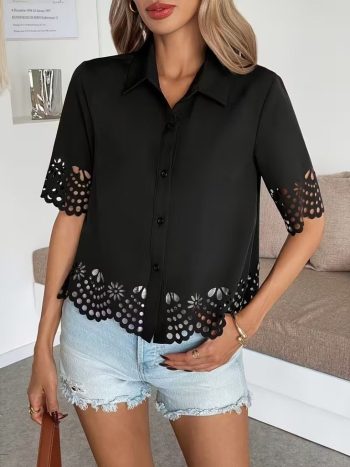 Kadın Kısa Kollu Yakalı önden Düğmeli Dubai Gömlek Bluz