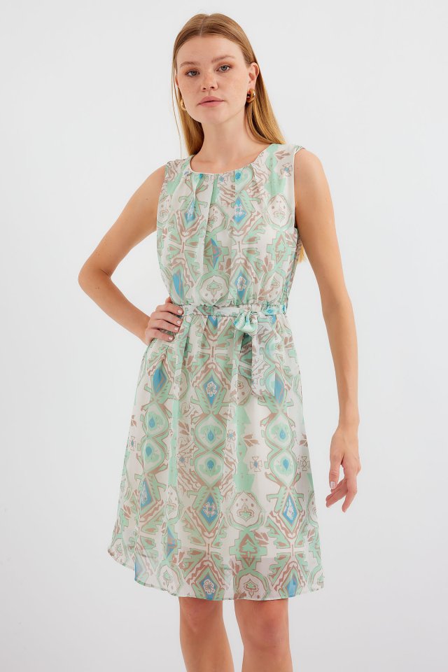 2501 Desenli Sıfır Kol Şifon Elbise - Mint 2501 Desenli Sıfır Kol Şifon Elbise - Mint