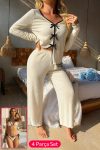 Kadın Beyaz Fiyonklu İç Çamaşırı ve Uzun Kollu V Yaka Pijama Takımı 4’lü Set