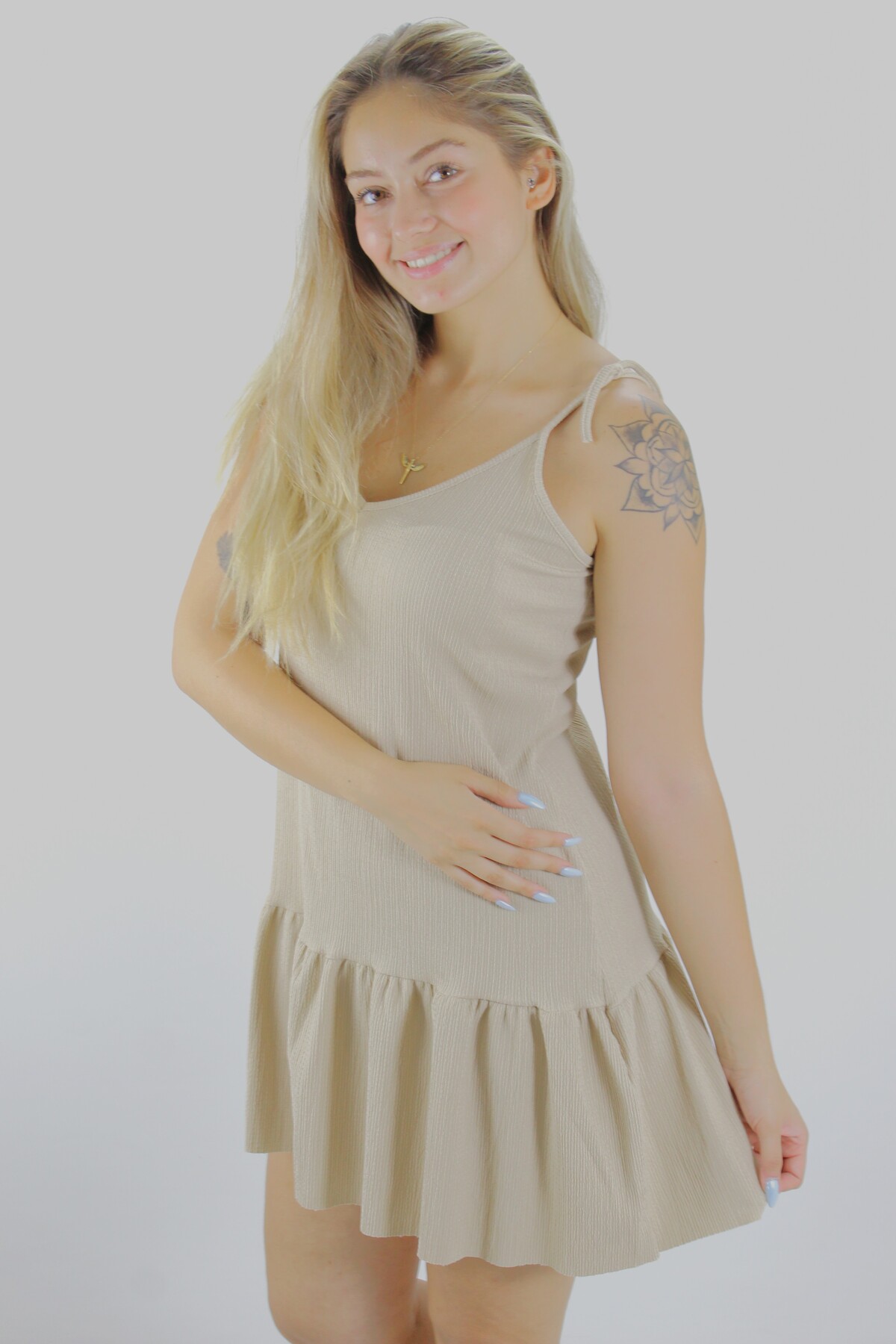 Krinkıl İp Askılı Elbise Vizon - 1456.65 Krinkıl İp Askılı Elbise Vizon - 1456.65