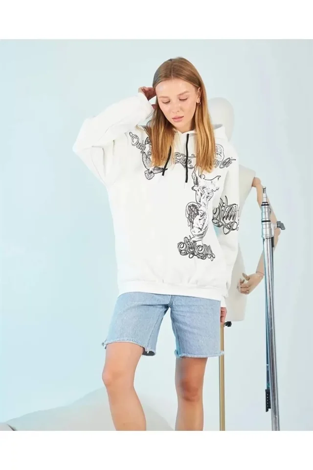 Kapüşonlu Strong Heykel Baskılı Sweatshirt - Beyaz Kapüşonlu Strong Heykel Baskılı Sweatshirt - Beyaz