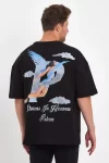 Erkek Melek Baskılı Oversize T-shirt – Siyah