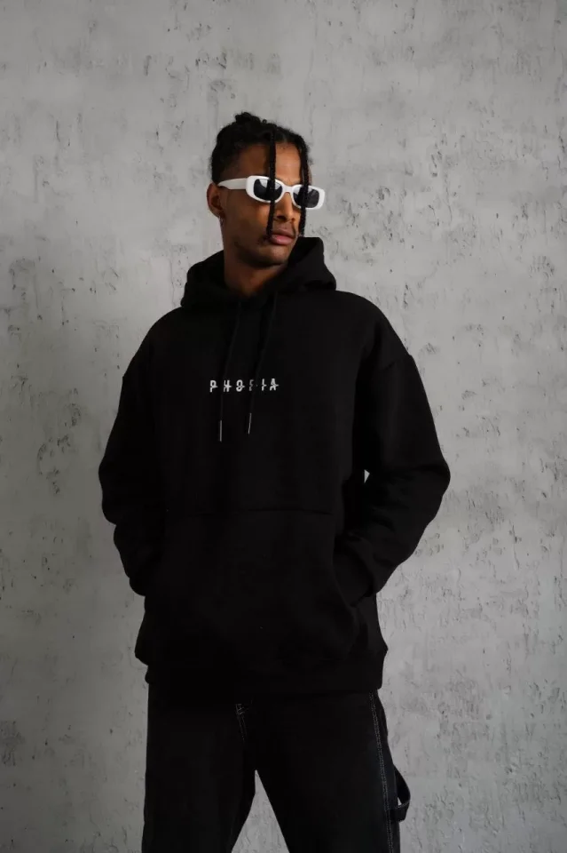 Erkek Astronot Baskılı Kapüşonlu Sweat - Siyah Erkek Astronot Baskılı Kapüşonlu Sweat - Siyah