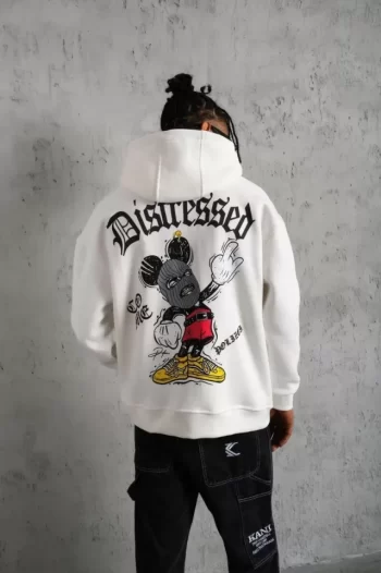 Erkek Üç İplik Baskılı Kapüşonlu Sweat - Beyaz