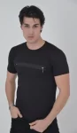 Erkek Göğüste Fermuar Aksesuarlı Dar Kalıp T-Shirt – Siyah