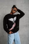 Erkek Güvercin Baskılı Sweatshirt – Siyah