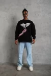 Erkek Güvercin Baskılı Sweatshirt – Siyah