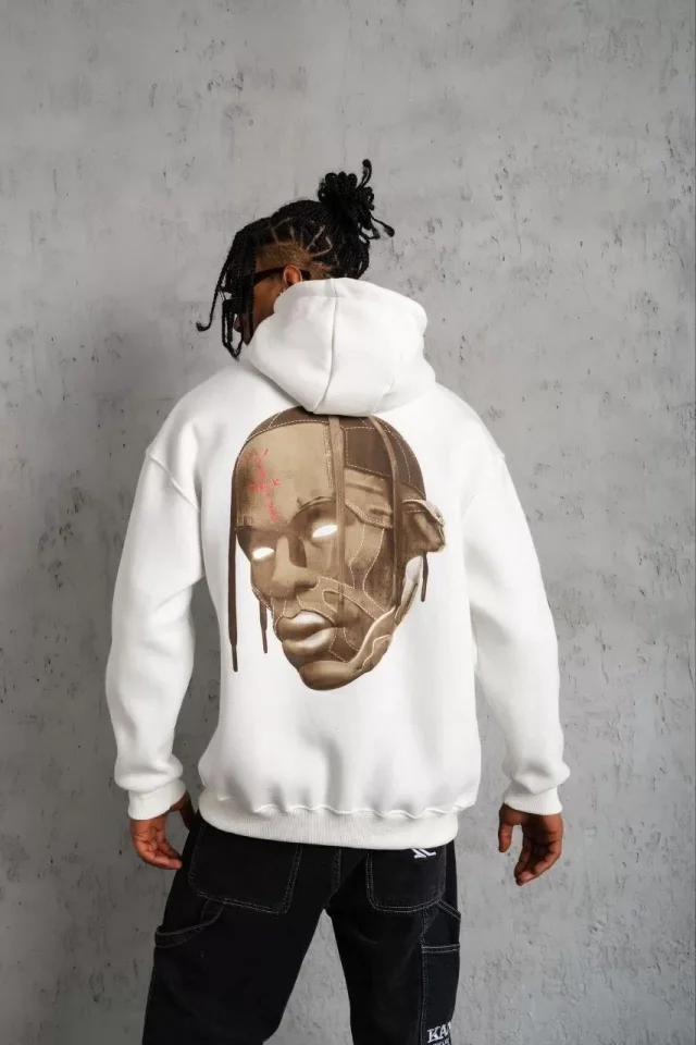 Erkek Kordonlu Arka Maske Kordon Saçlı Kapüşonlu - Beyaz Erkek Kordonlu Arka Maske Kordon Saçlı Kapüşonlu - Beyaz