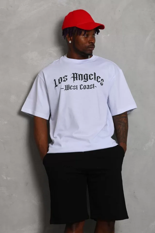 Unisex Oversize Baskılı Bisiklet Yaka T-Shirt - Beyaz Unisex Oversize Baskılı Bisiklet Yaka T-Shirt - Beyaz