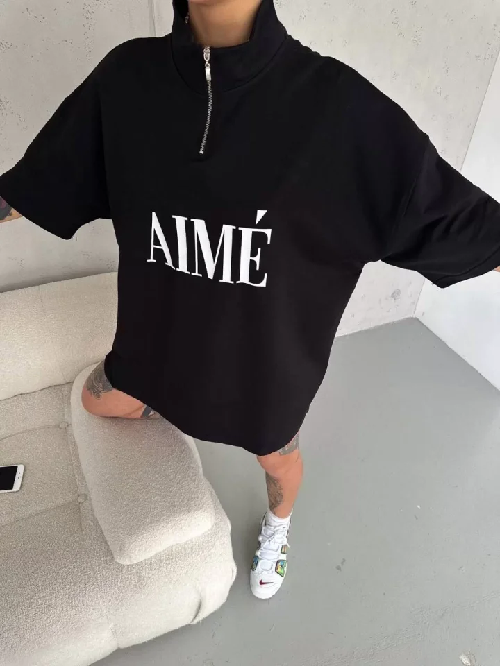 Unisex Yarım Fermuarlı Baskılı T-Shirt - Siyah Unisex Yarım Fermuarlı Baskılı T-Shirt - Siyah