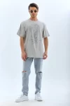 Unisex Oversize Taşlı Bisiklet Yaka T-Shirt – Gri