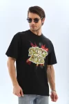 Unisex Oversize Baskılı Bisiklet Yaka T-Shirt – Siyah