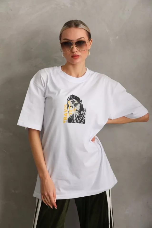Unisex Baskılı Oversize T-Shirt - Beyaz Unisex Baskılı Oversize T-Shirt - Beyaz