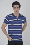 Erkek Yakalı Slim Fit Dokuma Çizgili T-Shirt – Mavi