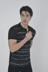 Erkek Yakalı Slim Fit Pike Çizgili T-Shirt – Siyah