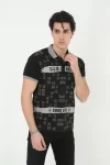 Erkek Yakalı Slim Fit Baskılı T-Shirt – Siyah