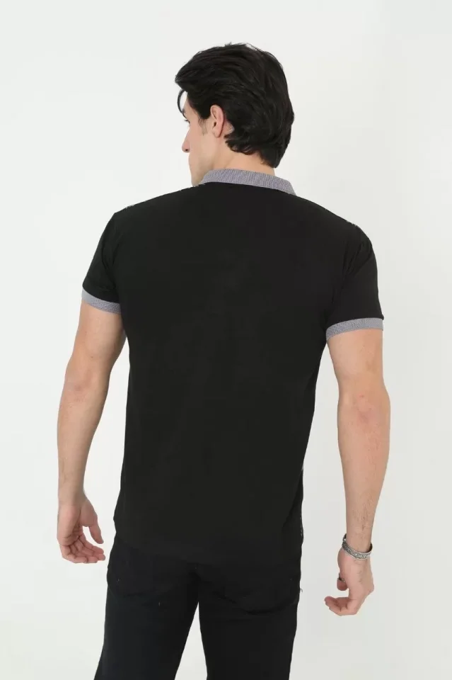 Erkek Yakalı Slim Fit Baskılı T-Shirt - Siyah Erkek Yakalı Slim Fit Baskılı T-Shirt - Siyah