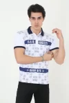 Erkek Yakalı Slim Fit Baskılı T-Shirt – Beyaz