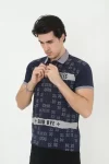 Erkek Yakalı Slim Fit Baskılı T-Shirt – Lacivert