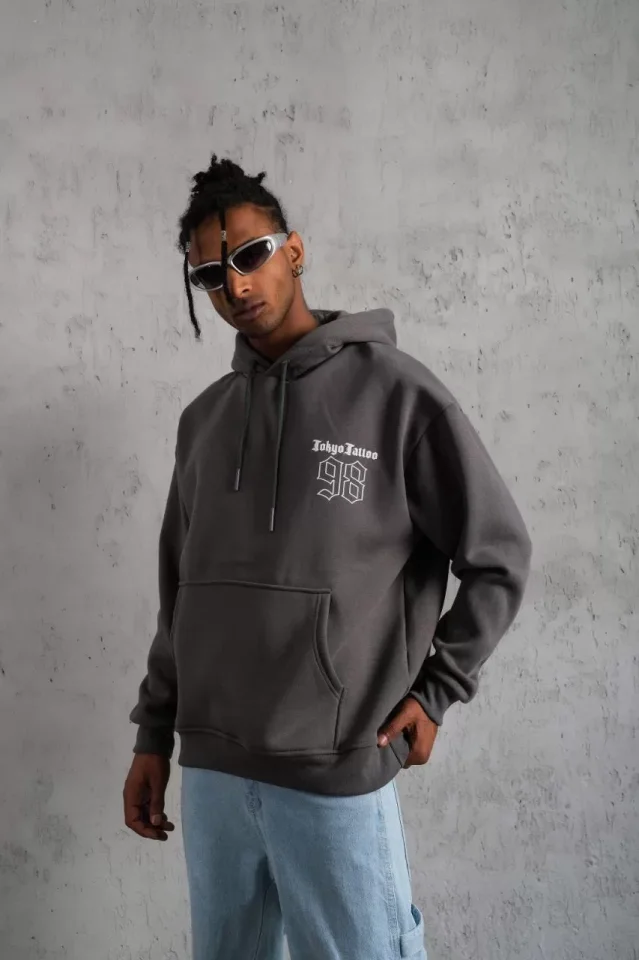 Erkek 98 Baskılı Kapşonlu Sweat - Gri Erkek 98 Baskılı Kapşonlu Sweat - Gri